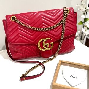 GUCCI Marmont Large Calfskin Matelasse Leather Chain Shoulder Bag ~ Hibiscus Red